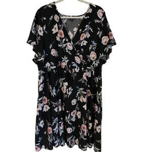 Torrid Dress Black Floral Flutter Sleeves V-Neck Tie Waist Sz 3X Flowy Feminine